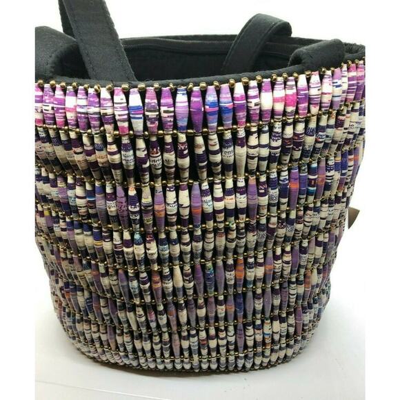 Unique Bucket Purple Multi Color Beaded Shoulder Bag Tote Purse 10"H & 11" W - Picture 3 of 6